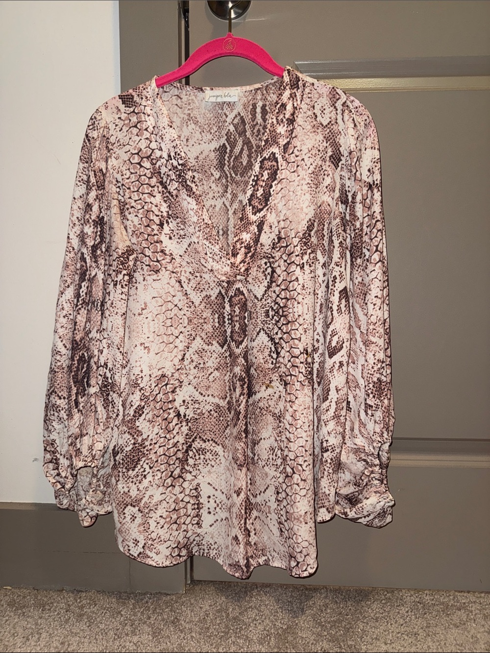 Snake-Print V-Neck Blouse in Blush and Taupe